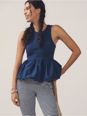 Maeve Navy Ribbed Peplum Bubble Tank